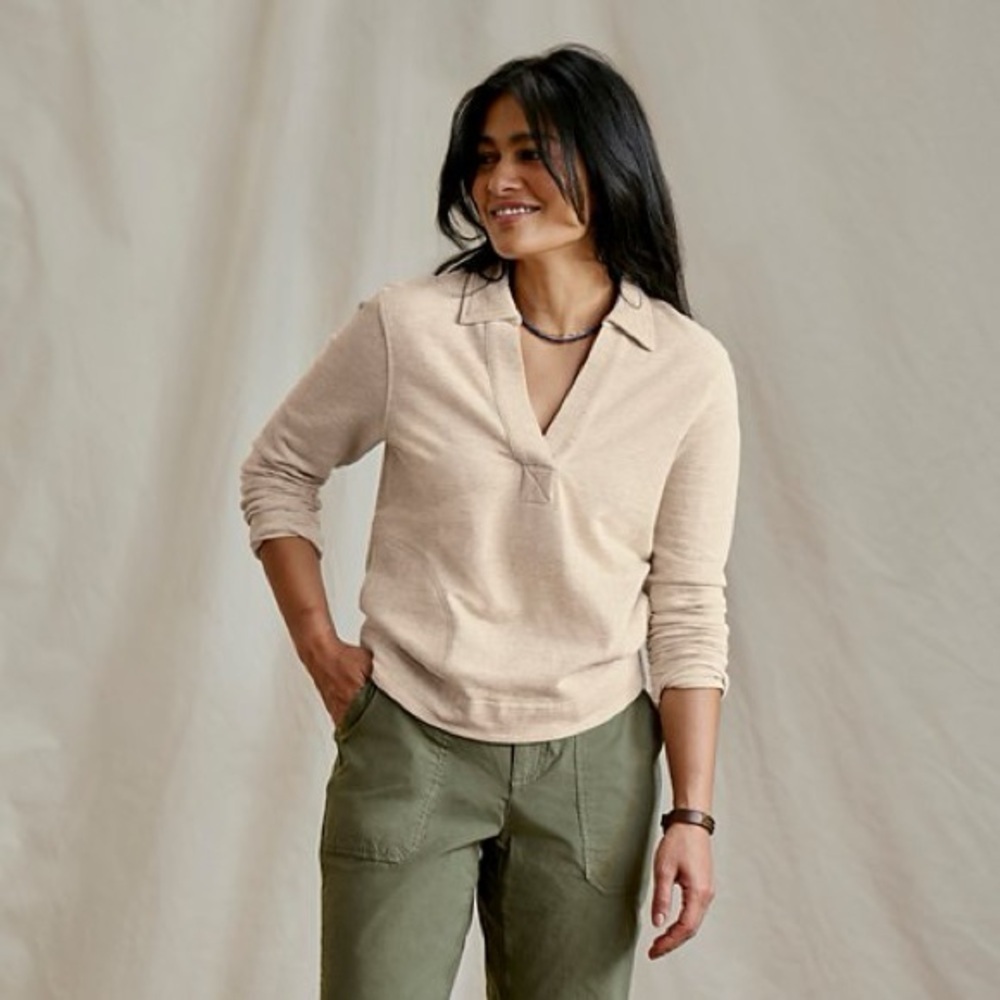 Orvis NWT Lightweight Striped Polo V-Neck Lg Sleeve in Cream - Women’s Sz L